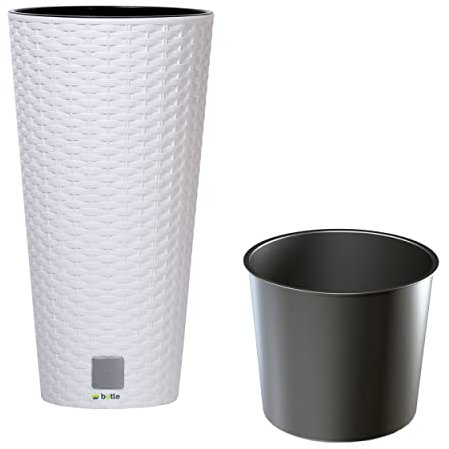 Blumenkübel dünne Design Rato freistehend Blumentopf 15,5 L Weiss Übertopf 47,6 cm hoch Rattan Optik Pflanzkübel aus Kunststoff mit Einsatz