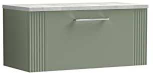 nuie DPF896LBG Deco Modern Bathroom Wall Hung 1 Drawer Part Fluted Vanity Basin Unit with Laminate Bellato Grey Worktop, 800mm, Satin Green