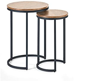 Julian Bowen Tribeca Nest of Tables, Set of 2, Oak Effect/Black - H55xW40cm | Industrial Style Nesting Table for Living Room or Bedroom, Round, Metal Frame