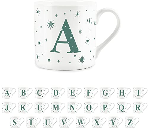 Purely Home Letter A Star Mug - Bone China White Coffee/Tea Present Gift - Alphabet Letter Mug with Stars in Teal Green Blue