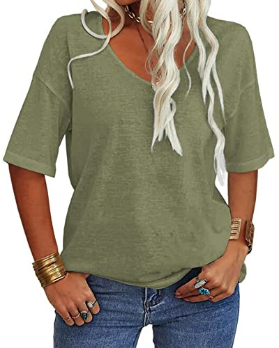 Tankaneo Women V Neck Short Sleeve T Shirt Casual Loose Basic Summer Tops Half Sleeve Oversized Tunic Tee