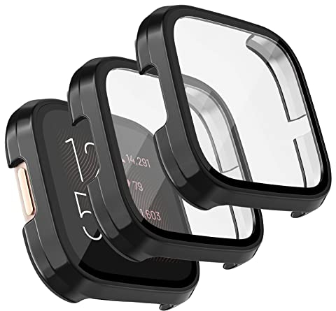 AK 3 Stück Schutzhülle für Fitbit Versa 2 Hülle, PC Hard Hülle mit Hartglas Displayschutz für Fitbit Versa 2 (Schwarz x 3)