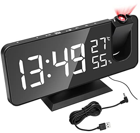 Hsthe Sea Réveil Projection pour Chambre à Coucher, réveil numérique avec Grand écran LED, Radio-réveil Port de Charge USB,de la température et de l'humidité