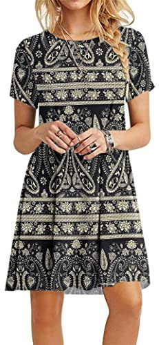 MOLERANI Summer Dresses for Women UK Casual T-Shirt Dress Short Sleeve Ladies Beach Dress (L, Boho Floral Black)