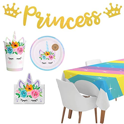 Tradineur - Set di decorazioni per compleanni, con ghirlanda di principessa, tovaglia arcobaleno e piatti, bicchieri e tovaglioli Unicorn, feste, celebrazioni per bambini (ragazza, 5 articoli)