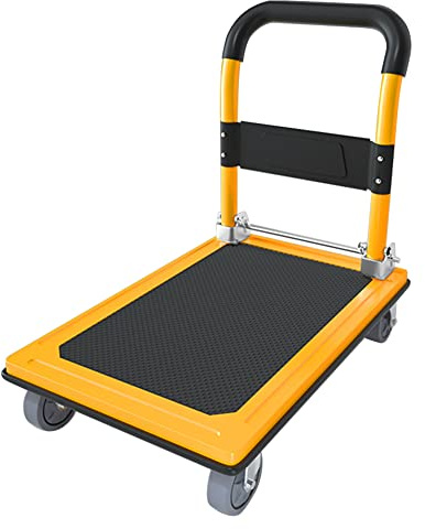 Auveach Plattformwagen Transportwagen, zusammenklappbar, Tragkraft 300 kg, 77 x 50 cm, rutschfeste Beschichtung mit 360° geräuscharmen Rädern (Gelb)