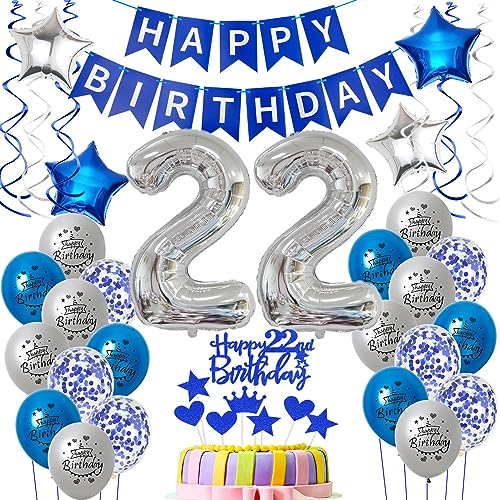 Luftballons 22. Geburtstag Mann Blau - Dekoration für Männer, Ballon und Tortendeko für 22 Jahre Feier