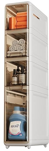 MAGIC SELECT Organizer da Bagno Stretto. Mobili Portaoggetti Susiliari con Ruote per Spazi Stretti. Mobiletto Laterale Compatto a 4 Cassetti per Carta Igienica, Detersivi e Accessori da Bagno.