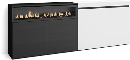 Skraut Home | Buffet Salon et Cuisine | Meuble de Rangement, Commode | 200x75x35cm | 4 Portes | Cheminée électrique | Style Moderne | Blanc et Noir