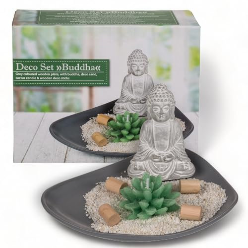 MIJOMA Kit de décoration avec bougie de cactus, Bouddha en ciment, bâtons de décoration en bois et sable décoratif sur assiette en bois gris - Accessoires d'intérieur élégants et tendance pour une
