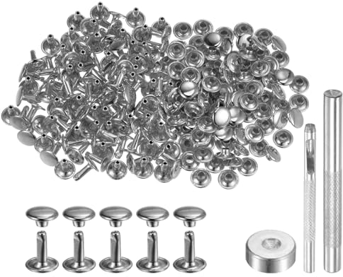 QUARKZMAN 100 Sets Ledernieten, 10 x 9 mm, Metall, Doppelkappe, Nieten, Druckknöpfe, Nieten, Verschlüsse mit 3 Setzwerkzeugen, Nieten für Lederhandwerk, DIY, Reparatur, Dekoration, Silberton