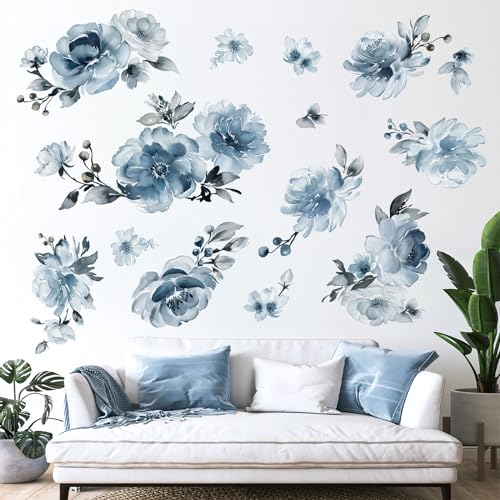 decalmile Wandtattoo Blumen Groß Blau Wandaufkleber Pfingstrose Blüten Aquarell Wandsticker Wohnzimmer Schlafzimmer Sofa Hintergrund Wanddeko
