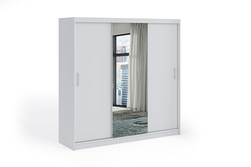 ELUKS OVI Double Sliding Doors Wardrobe with Mirror Furniture for Bedroom Living Room and Hall Wardrobe Organizer Width 100cm/120cm/150cm/180cm/200cm (White, 200cm+4 drawers)