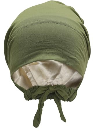 ZLYC Damen Sommer Chemo Kopftücher Tie Back Satin Gefüttert Hijab Cap(Einfarbig Olivgrün),Einheitsgröße