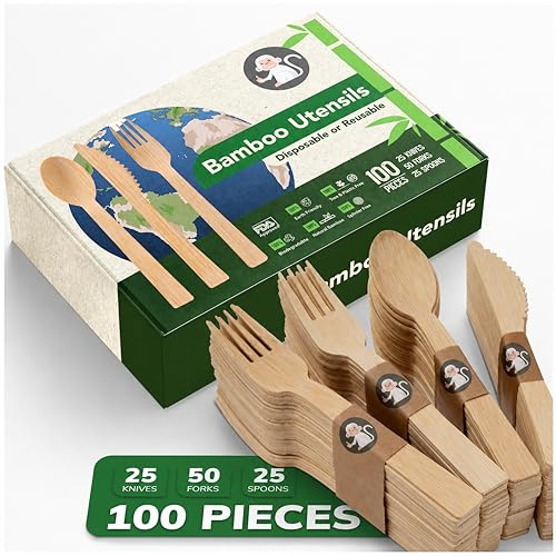 Albino Monkey Lot de 100 couverts jetables en bambou – ou réutilisables, durables pour pique-nique – 50 fourchettes, 25 cuillères et 25 couteaux – Produits de camping et fournitures de fête,