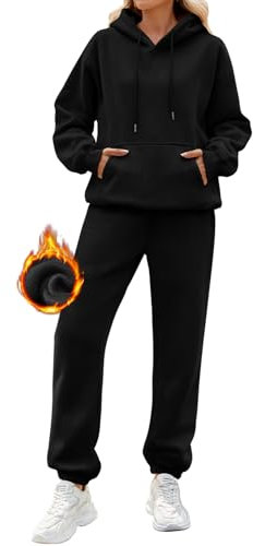 CMTOP Tuta Donna Sportiva Completo 2 Pezzi Invernale Termici Tute da Ginnastica in Pile Cotone Felpa con Cappuccio e Pantaloni Jogger Casual Completi Palestra Per La Casa Fitness(Nero, S)