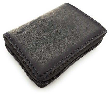 Lemasi kleine echt Leder Reißverschluss-Geldbörse mit RFID Schutz und Öse für Kette, rustikales Büffelleder, perfekt für den Urlaub (grau)
