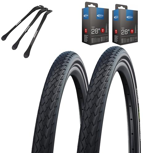 2er Set Schwalbe Fahradreifen Green Marathon 28x1,40 Zoll (37-622) + AV DV SV Schlauch und 3 Metall MSZweirad Reifenheber E Bike (SV-Ventil Schläuche, 28x1,40 Zoll (37-622))