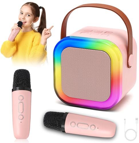 Tutamaz Karaoke Maschine Kinder, Mini Karaoke Maschine mit 2 Kabellosem Mikrofon,Tragbarer Bluetooth-Lautsprecher mit Stimmeffekten & LED-Lichtern, Karaoke mit magischem Stimmenwechsel und LED Lich