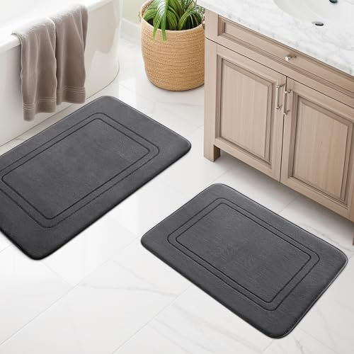 chakme Lot de 2 tapis de bain doux en mousse à mémoire de forme - Antidérapant et lavable - Pour toilettes, douche et baignoire - Gris foncé