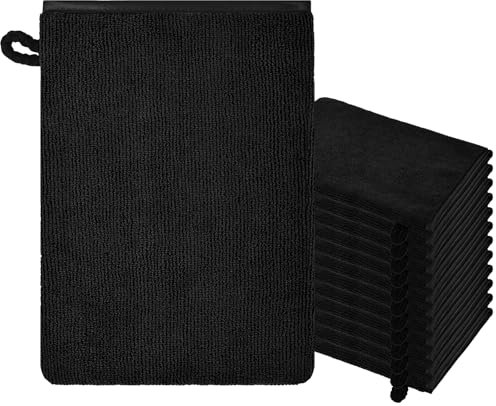 Teruntrue 12 Stück Waschhandschuh Premium Waschlappen Set 15x21cm Frottee Waschlappen Gesicht Reinigen, Saugstark, Durch Schlaufe, Weich und ökologisch, Schwarz