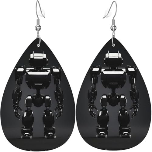 Schwarze Ohrringe mit Blattform und Roboter-Print, herzförmige Ohrringe aus PU-Leder für den Valentinstag