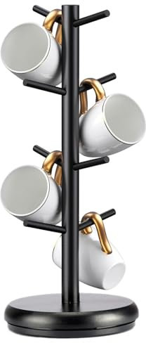 Generisch Árbol para tazas de café, giratorio 360°, con 8 ganchos, soporte para tazas de madera resistente, soporte para tazas de madera negro, accesorios de barra de café