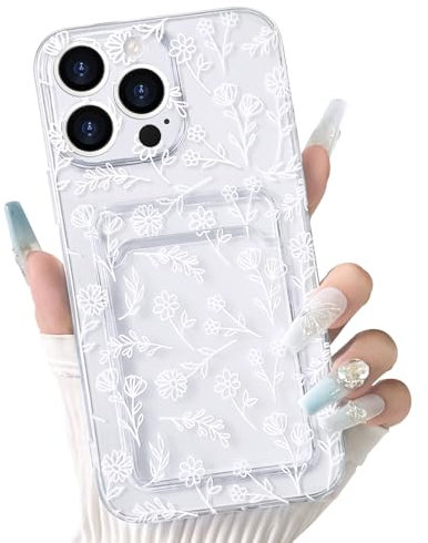 NITITOP Compatible with iPhone 16 Pro Case Clear with Card Holder Cute Flower Floral Leave Pattern for Women Girl Soft TPU Shock-absorbing Wallet Case Protective Phone Cover - White