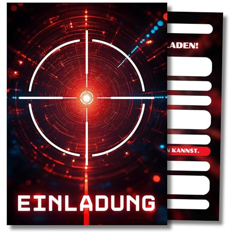 HIDEBLOOM I Lasertag Einladungskarten Kindergeburtstag Jungen I 12 Stück I DIN A6 (10,5 cm x 14,8 cm) I Einladung Geburtstag Lasertag I Gaming Party I Einladungskarten Laser Tag Fadenkreuz
