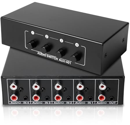 Conmutador de Audio, Conmutador de Audio 4 en 1 Salida, Divisor de Audio y Vídeo, Caja de sSelección de Audio de 3,5 mm + RCA L/R, Interruptor de Audio AUX, Conmutador de Audio Bidireccional
