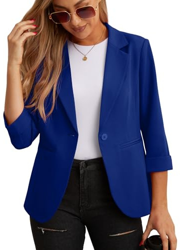 GRECERELLE Blazer élégant à manches 3/4 pour femme - Veste décontractée pour le travail - Blazer de bureau - Veste de costume et blazers cardigans avec poches et boutons pour femmes, bleu marine, 46