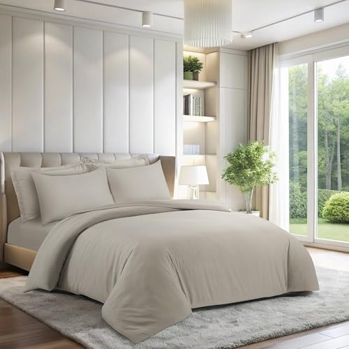 LYMA Bedding Duvet Cover Set King Plain, OEKO-TEX Certified, Ultra Soft NanoPlush Double Brushed Quick Dry Fabric with Button Closure, Wrinkle Fade Resistant Quilt Cover with Pillowcases (Beige)
