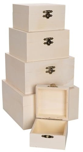 Ideen mit Herz | Holz-Boxen-Set | quadratisch | Holzkisten mit Deckel und Metall-Verschluss | 5 Stück | verschiedene Größen