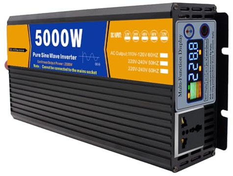 LADECNERHT 3000w 4000w 5000w 6000w Convertisseur De Voiture DC 12v 24v 48v 60v to AC 230v Pur Sinus Transformateur pour Maison, Camping-Car, Camion, Solaire Hors-réseau,5000W-12V