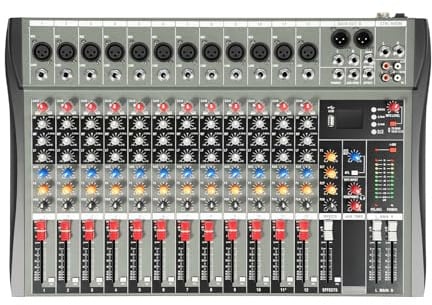 12 Channel Studio Audio Mixer, Bluetooth Portable Professional Stereo DJ Mixer, Live Sound Card and Audio Interface with LCD Display, for Home, Party, Bar, DJ Stage, Recording Studio