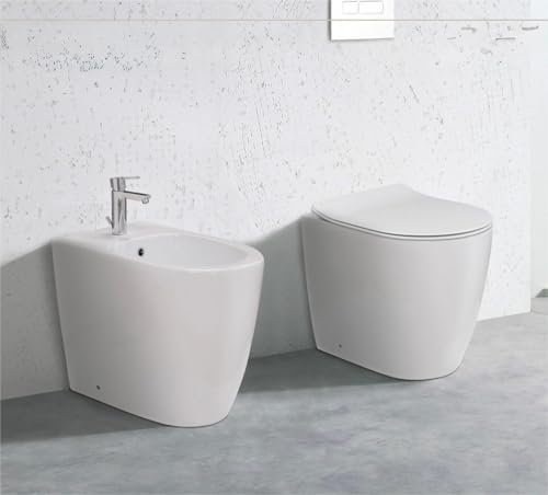 SANITARI IN CERAMICA FILO MURO VASO, BIDET E COPRI-WC SOFT-CLOSE MOD.UNO BIACO LUCIDO SERVIZI IGIENICI, SISTEMA RIMLESS