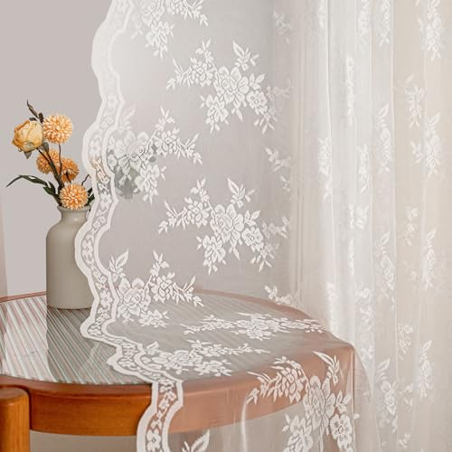 MYSKY HOME Gardinen Spitze Vorhänge mit Kräuselband Vintage Transparent | Elfenbeinweiß,2er Set,H260 x B140 cm,Landhaus Gardine Boho,Blumen Bestickte Spitzengardinen,Modern Dekoschal für Schlafzimmer