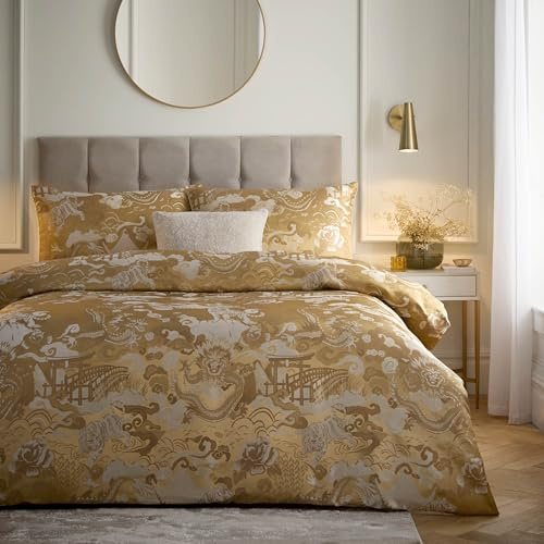 Paoletti Baransu Duvet Cover Set – Luxury Oriental Jacquard Textured Bedding (Gold – Super King)