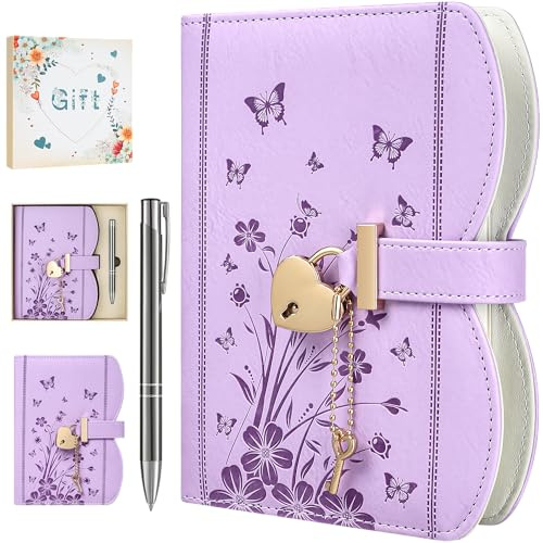 HwxBen Diary with Lock and Keys for Girls and Women, Ideas with Gift Box and Pen and Bookmark, Journal for Writing with 244 Pages, B6 Refillable Notebook with Lock, lavender