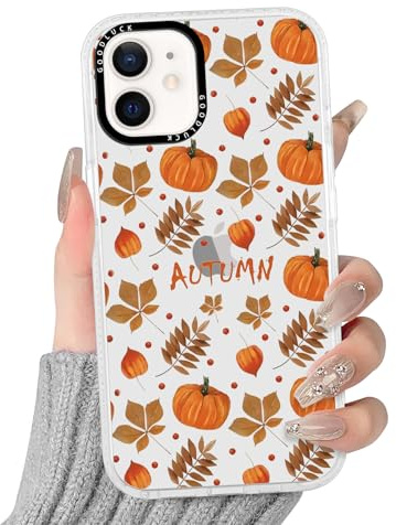 Kivlclri Herbst Halloween Handyhülle für iPhone 12 Mini Hülle 5,4'', Aesthetic Autumn Fall Ahornblatt Kürbis Motiv Design für Mädchen Schutzhülle Stoßfest Transparent Silikon TPU PC-Rückseite Case