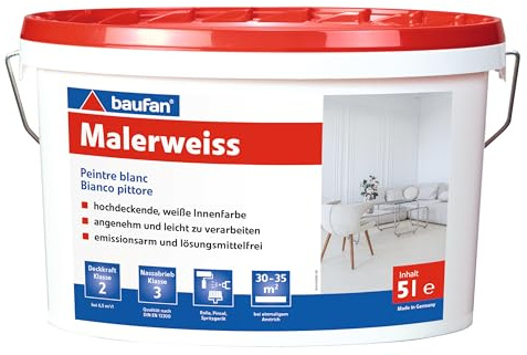 Baufan Blanc de Peintre 5 L | peinture intérieure | facile à appliquer | sans solvants | faibles émissions | lavable | teintable | emballage résistant à la casse