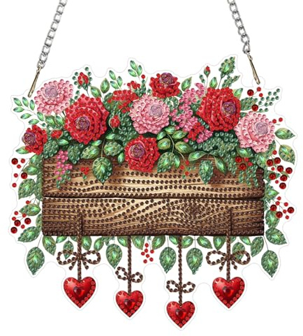 NEWENMO 5D Bonitas Rosas Diamond Painting Adornos Colgantes de Ventana | Flores Forma Especial Pintura de Diamante Colgante,DIY Cristal Kit de Arte para Puertas y Ventanas Decoración