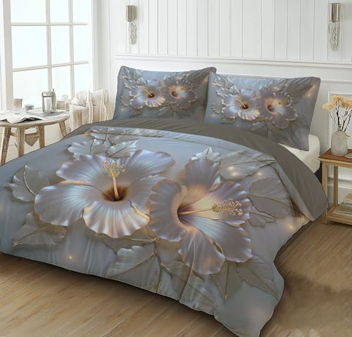 CEDNXOER Bettwäsche Set 135x200cm,3D Druck Luxus Hibiskus Bettbezug Sets, Modern Relief Floral Weich Atmungsaktiv Bettbezüge mit ReißVerschluss, 1 Kissenbezug 80x80 cm, Silber