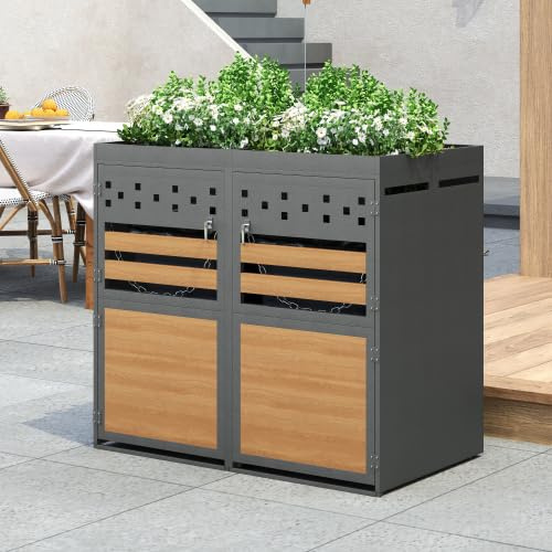 Mülltonnenbox 2er mit Pflanzdach für 120-240 Liter Tonnen, wetterfeste Mülltonnenverkleidung aus Metall in Holzoptik, abschließbar für Garten, Terrasse, Balkon – platzsparend für Haushalt & Gewerbe