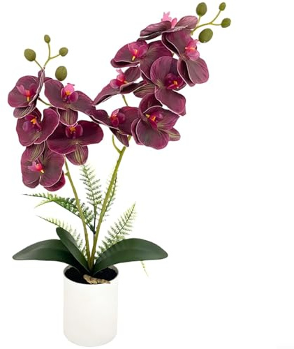 Helilyco Orquídea artificial Phalaenopsis en maceta, realista para pegamento suave, flores falsas para decoración del hogar y la oficina, planta de orquídea mariposa de base estable (morado ceja)