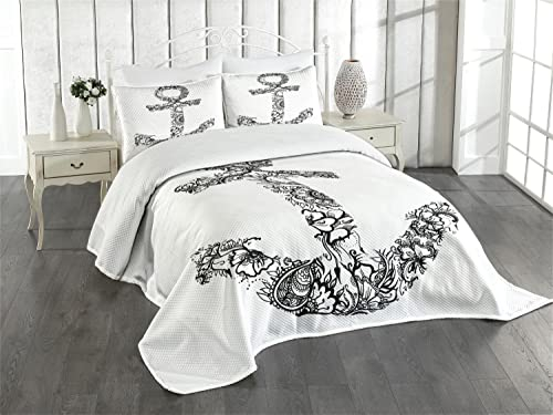 ABAKUHAUS Anker Tagesdecke Set, Anker-Form-Blume, Set mit Kissenbezügen Sommerdecke, für Doppelbetten 264 x 220 cm, Weiß und Schwarz