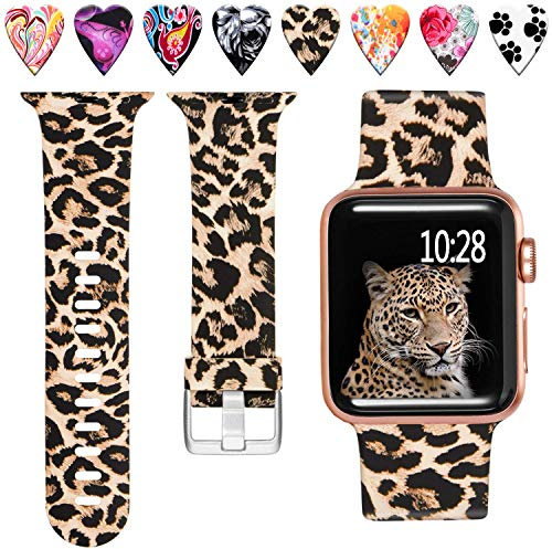Laffav Compatible with Apple Watch Band 42mm 41mm 40mm 38mm for Women Men, Soft Silicone Fadeless Pattern Print Wristbands for iWatch Series 10/9/8/7/6/5/4/3/2/1 SE, Classic Leopard