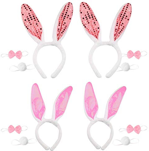 TAZEMAT 4 Sets Hasenohren Haarreif Plüsch Osterhasen Ohren Haarbänder Häschen Stirnband Rabbit Bunny Ears mit Fliege und Schwanz für Kinder Erwachsene für Ostern Party Cosplay Mottoparty Karneval