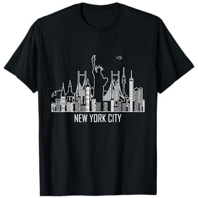 New York City Skyline Designs24 - Herren T-Shirt Schwarz S - Klassische Passform - Kurzarm - Rundhals-Ausschnitt - 100% Baumwolle - New York City Skyline Freiheitsstatue Silhouette USA