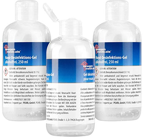 newgen medicals Hand-Desinfektion: 3er-Set Hand-Desinfektionsgels, Spender-Flasche, alkoholfrei, je 250ml (Hautdesinfektionsmittel, Schnelldesinfektionen)